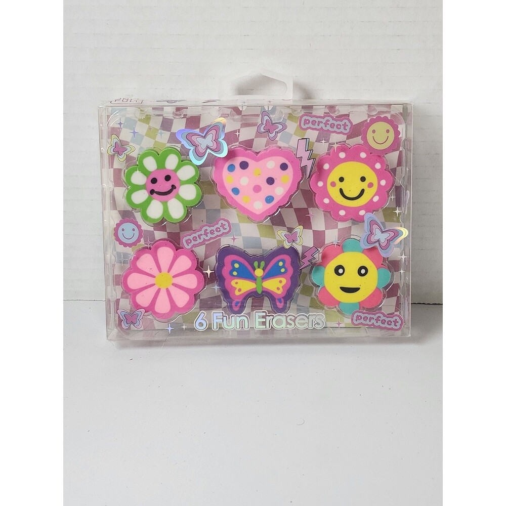 6 Fun 1" Erasers Flowers, Heart And Butterfly